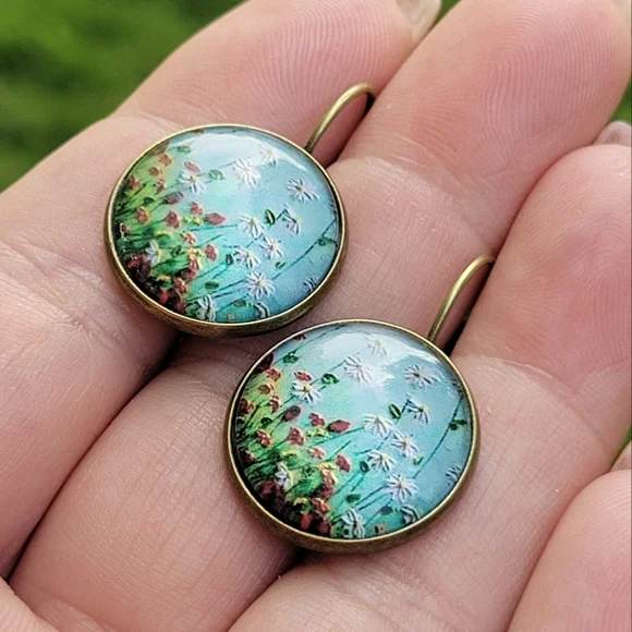 Wildflower Domed Medallion Earrings, Antiqued Bronze - Picture 3 of 4